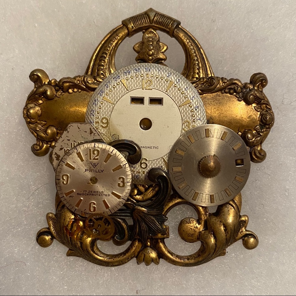 DENISE BROWN BROOCH PIN ARTISAN STEAMPUNK WATCH PARTS ONE OF A KIND OOAK